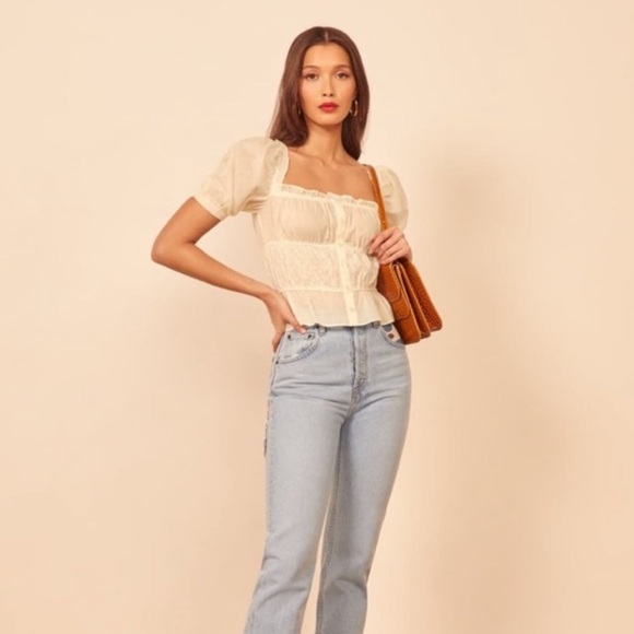 Reformation Sicilia Puff Sleeve Milkmaid Top Ivory White - Picture 13 of 13